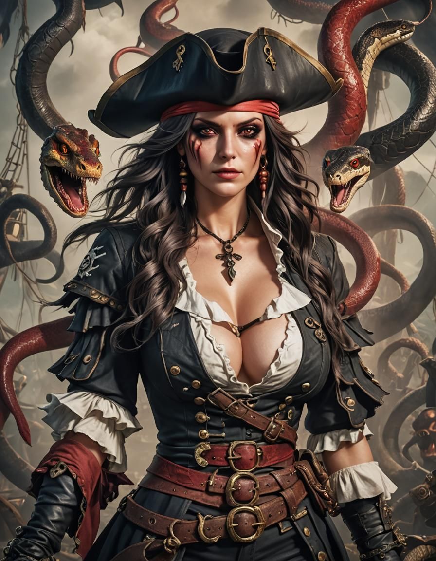 Pirate Portrait with Red-Eyed Snake in 8k