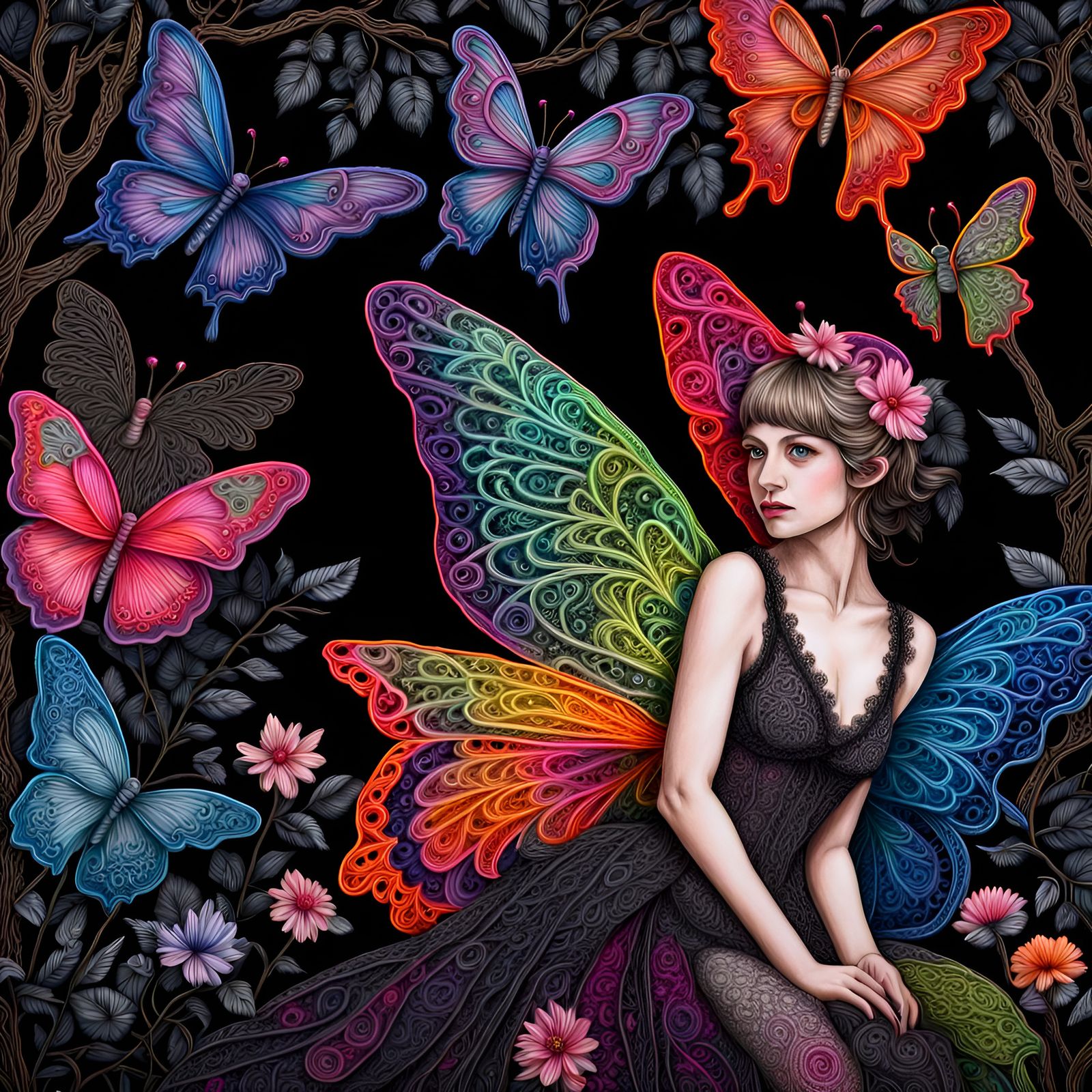 Prismatic neon painted on black velvet,  Fantasy fairy, Flem...