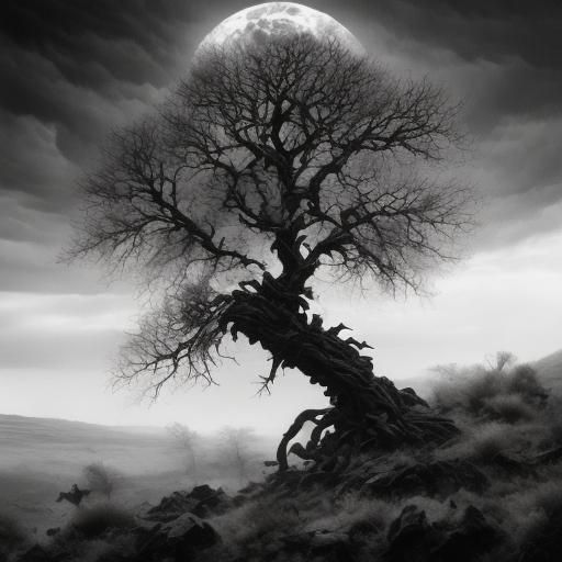 <lora:Beauty of landscape:1.0> Black macabre barren landscape at night, dark clouds, hills, rocks