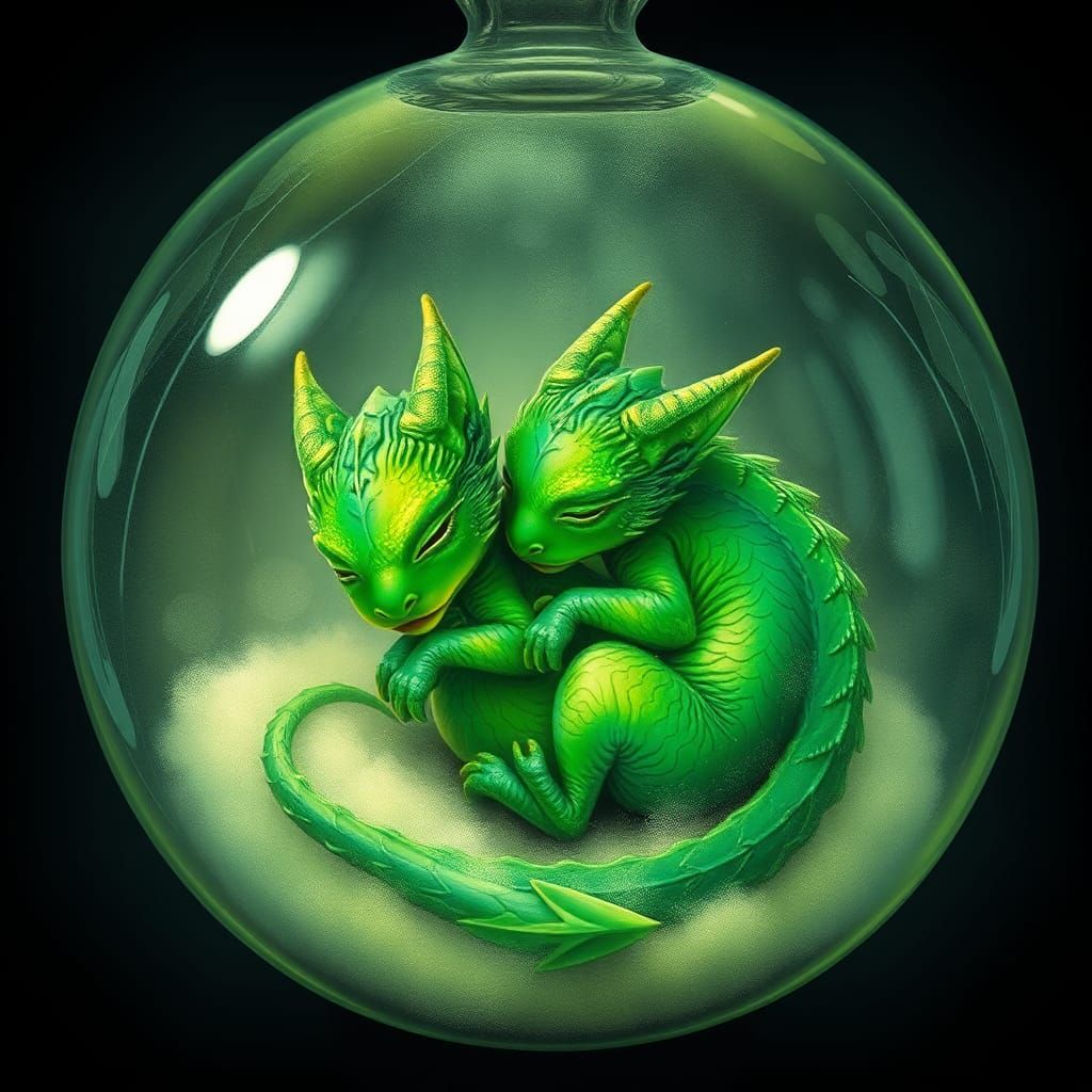Green baby dragons in glass orbs