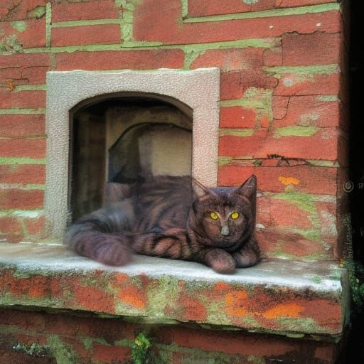 cat on a gothic brick water well  2