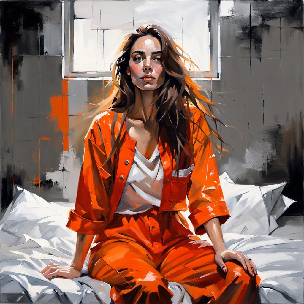 Acrylic painting of beautiful female prisoner wearing orange prison ...