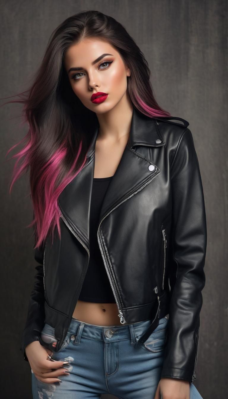 view of a model woman in bad girl style, black leather jacke...