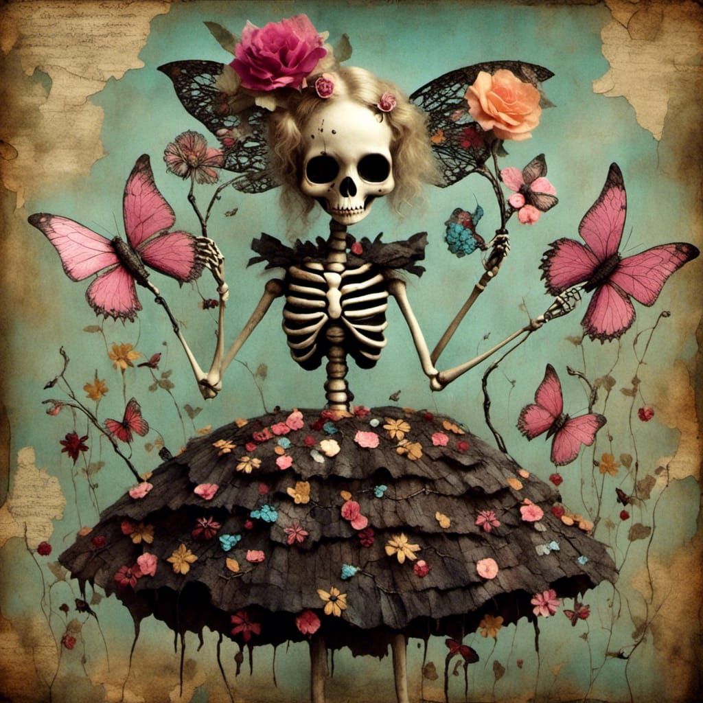Surreal Skeleton Fairy Tapping Flowers with Wand