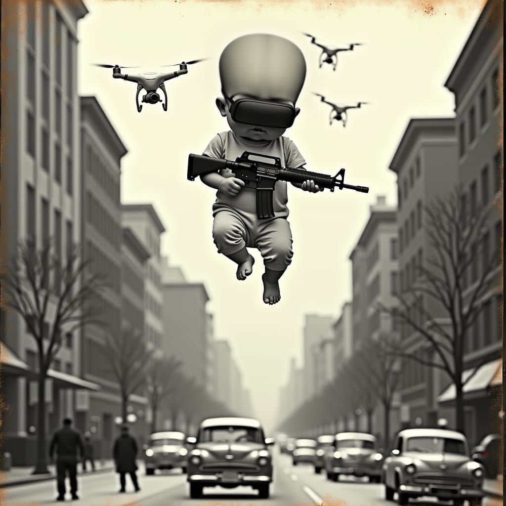 Head Baby floats above the city, ever vigilant...