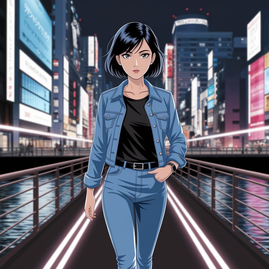 Anime Woman Walks Confidently Across Tokyo Bridge