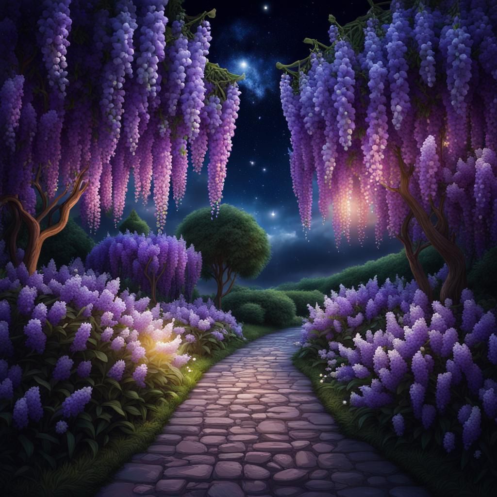 Pleasant pathway at night lined with purple Wisteria, oleander and lily of the valley flowers.  by @SaplingArcher