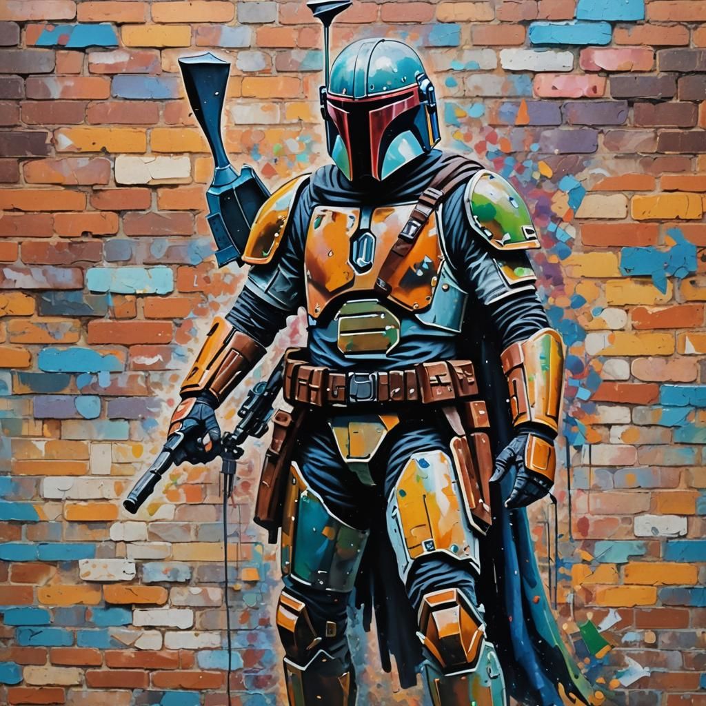 graffiti painting of a mandalorian on a brick wall
