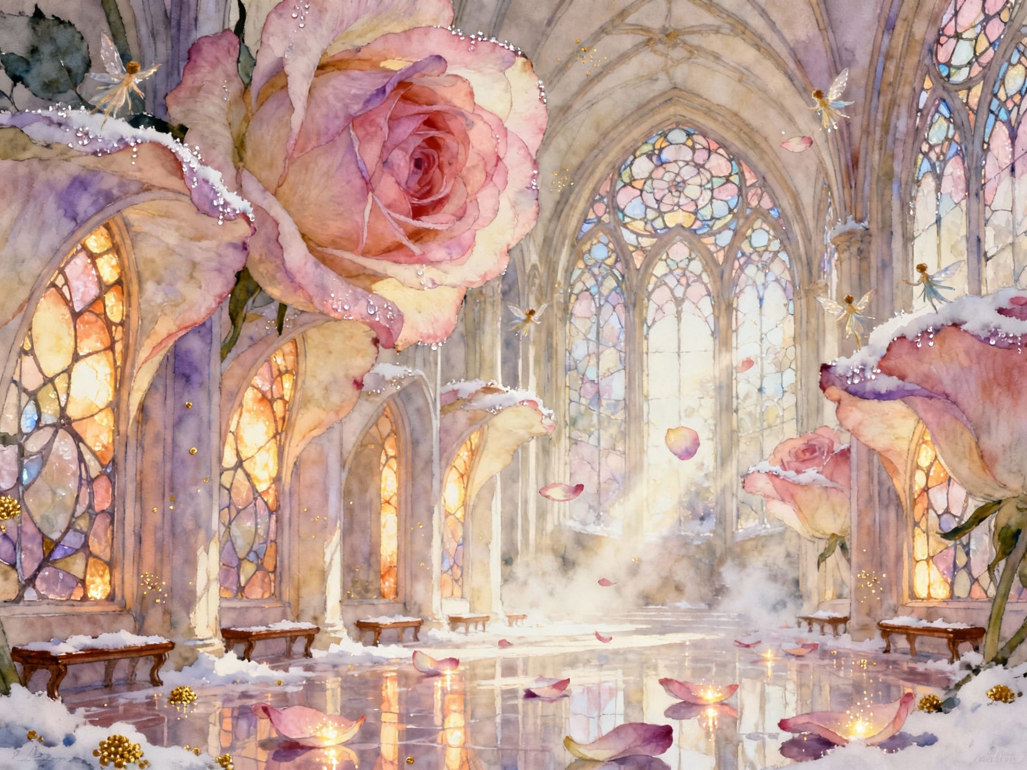 A majestic cathedral built entirely from enormous, translucent rose petals, each arch and column glowing softly from within, bathing the int...