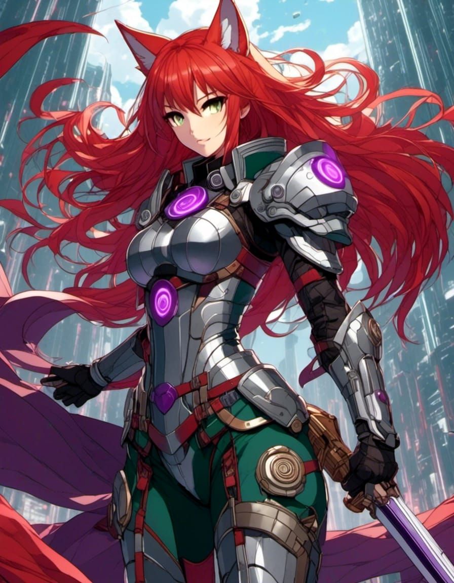Female Kitsune warrior, red hair dark green armor, purple wi...
