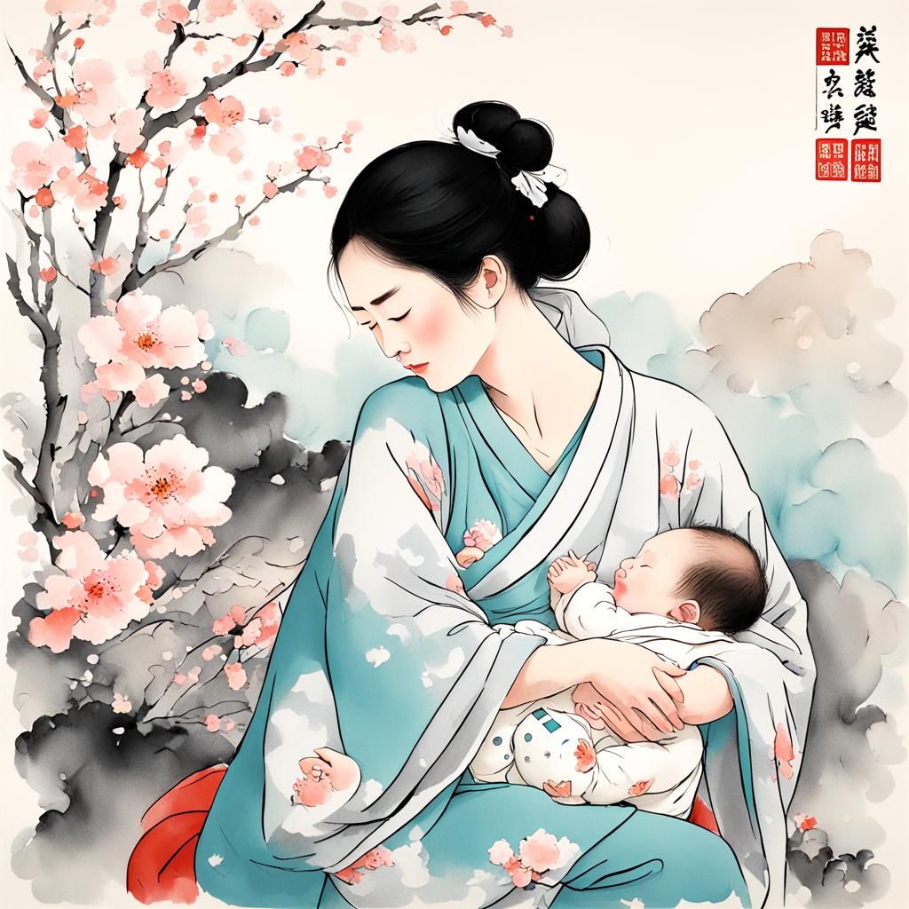 Mother and Child, Neo-Impressionist Oil Painting