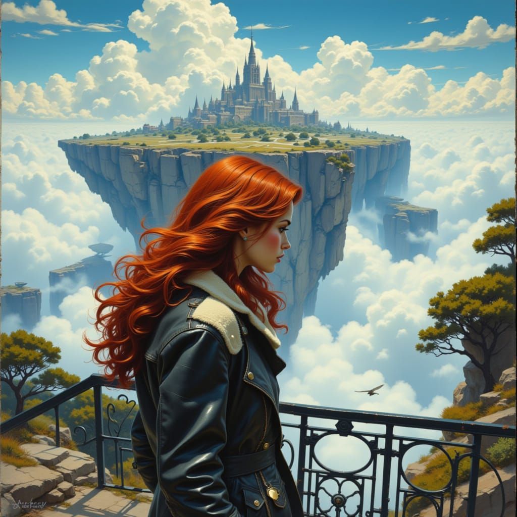 Red-Haired Woman on Floating Island in Epic Fantasy Style