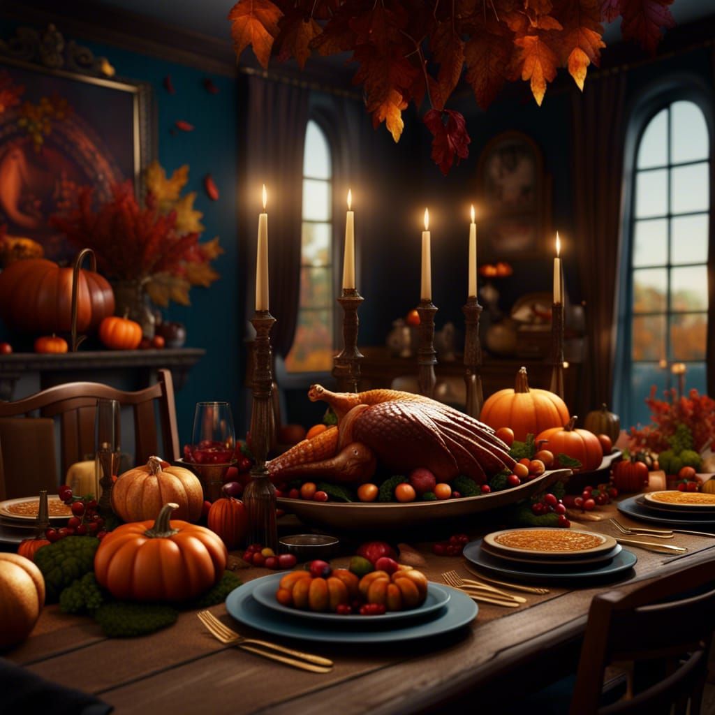 Thanksgiving tablescape with family  detailed matte painting, deep color, fantastical, intricate detail, ...  by @KrystofM75