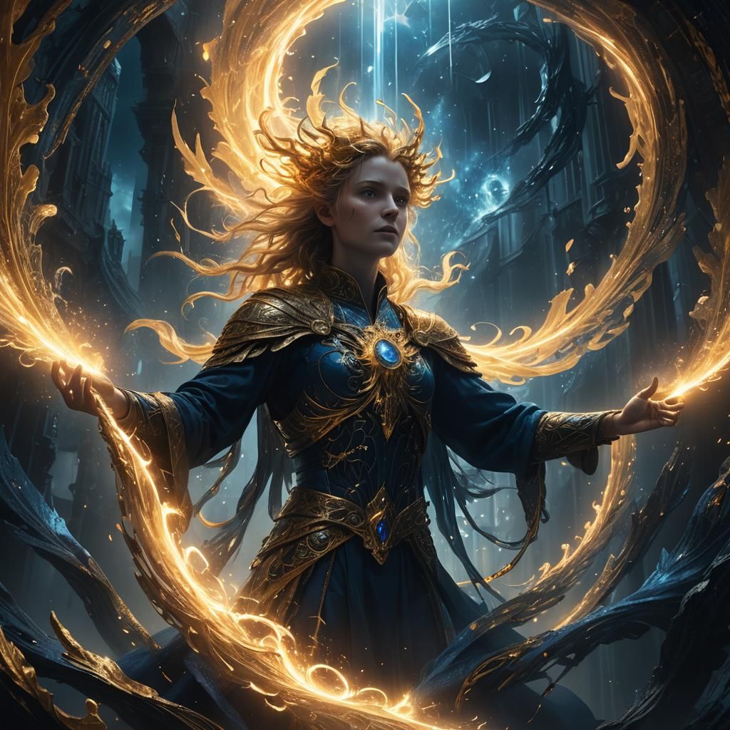 Radiant Figure Emanates Light in Swirling Darkness