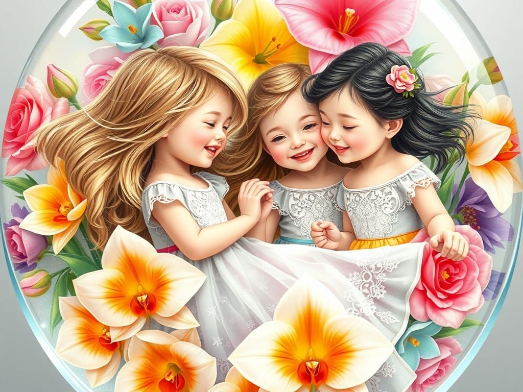 Little girls covered in colorful flowers playing in a transparent container protected by a transparent vase. The flowers with visible petals...