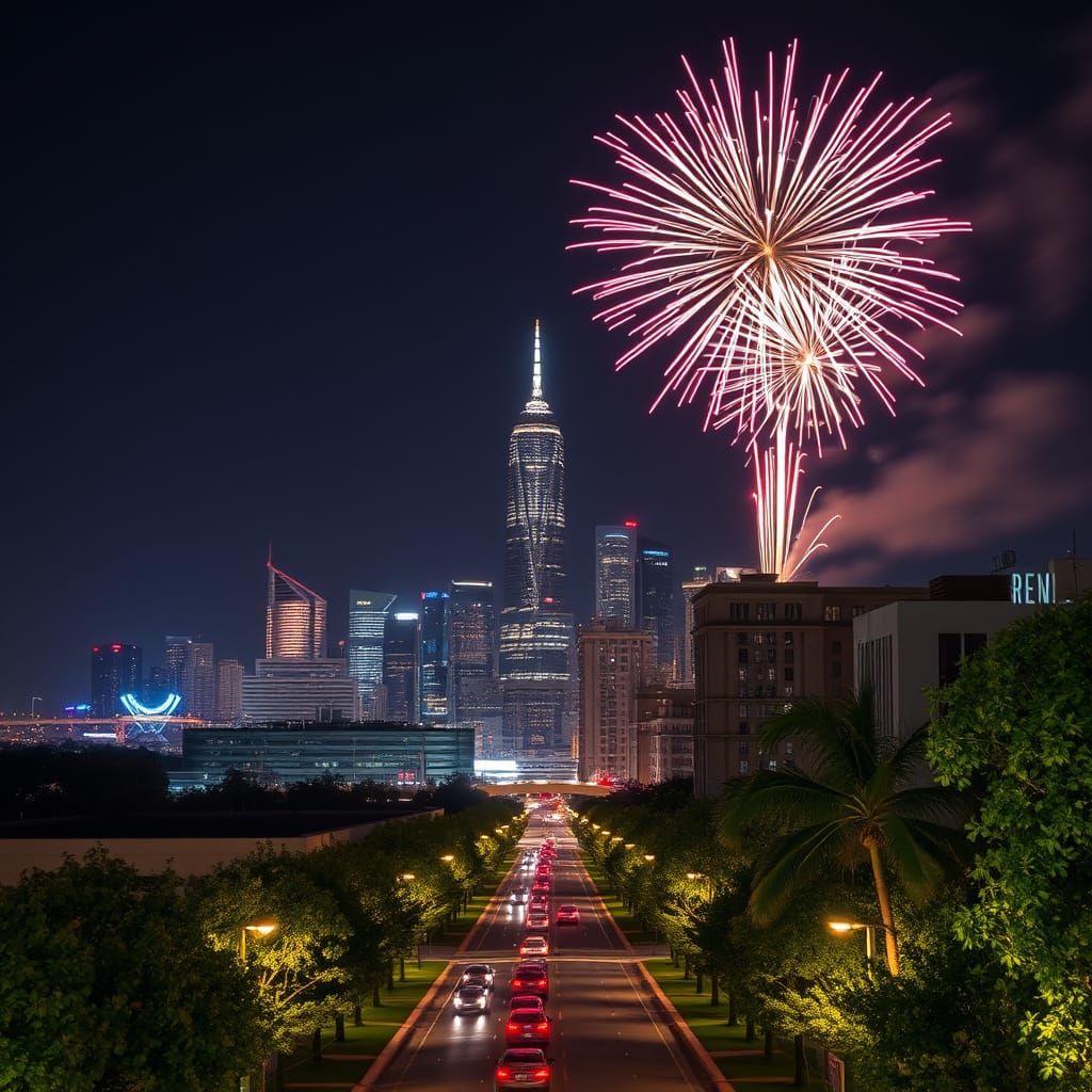 Vibrant Fireworks Light Up a Futuristic Cityscape