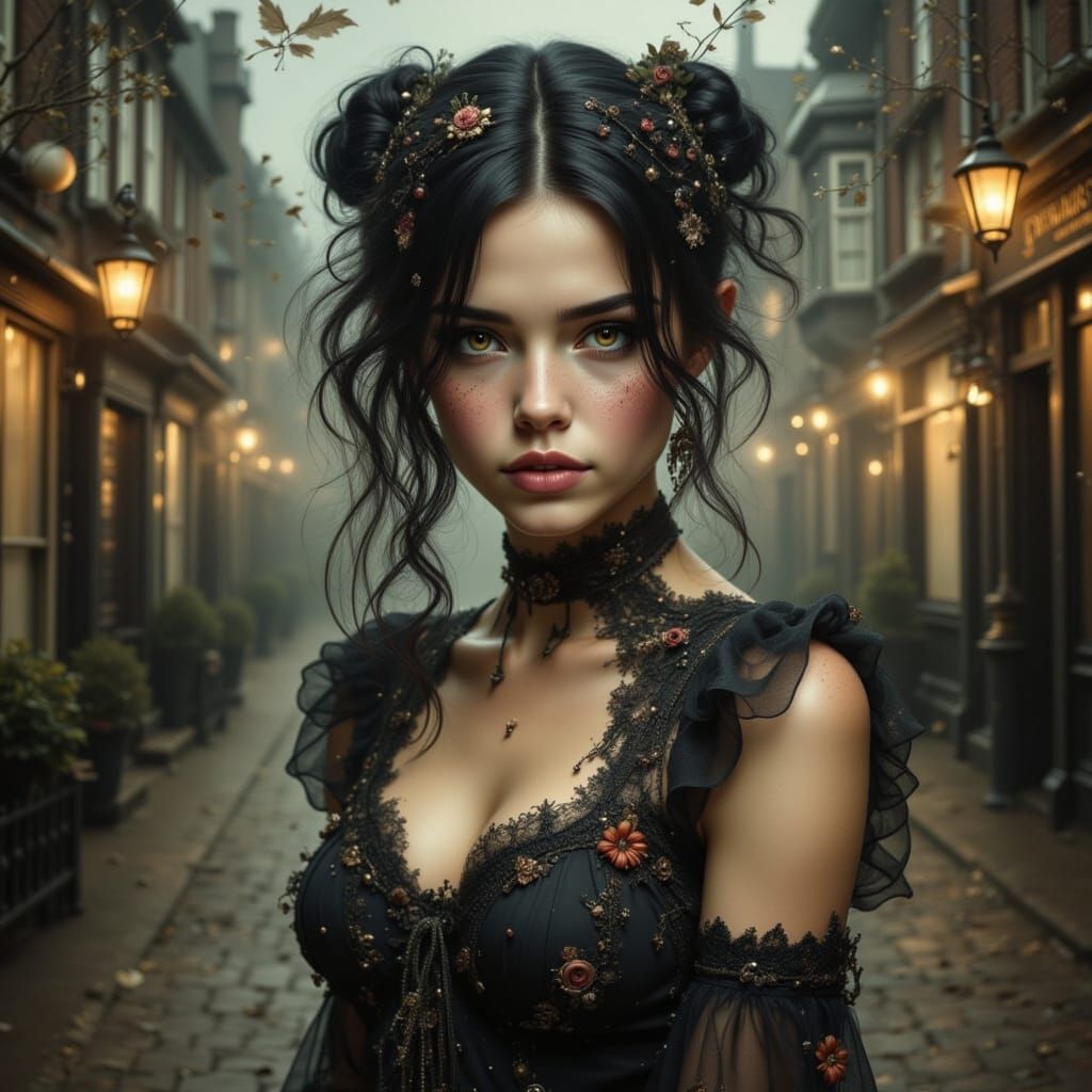 Gothgirl Portrait in Foggy London Promenade