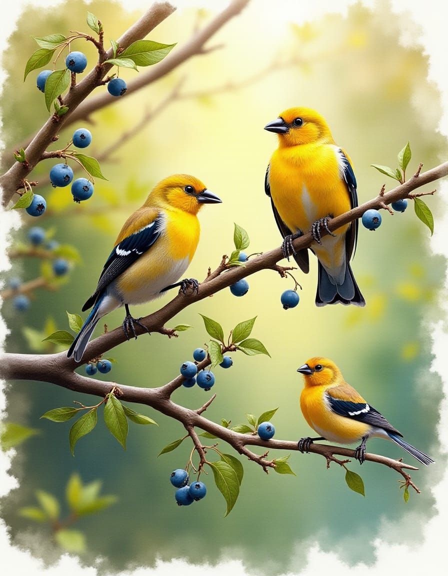 Watercolor Portrait gold finches and blue berries