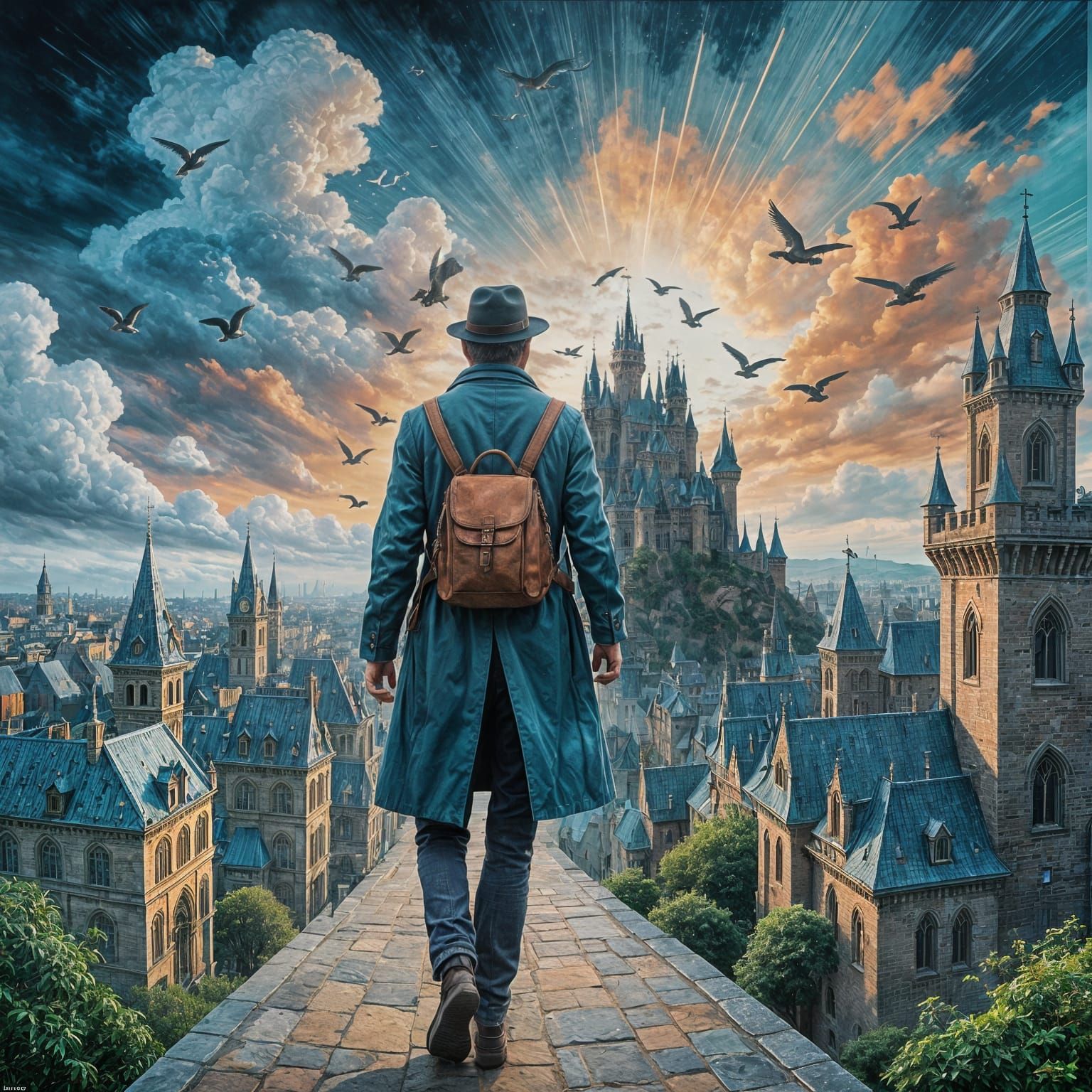 The image depicts a solitary figure, viewed from behind, walking towards a fantastical cityscape suspended ...  by @Likvi