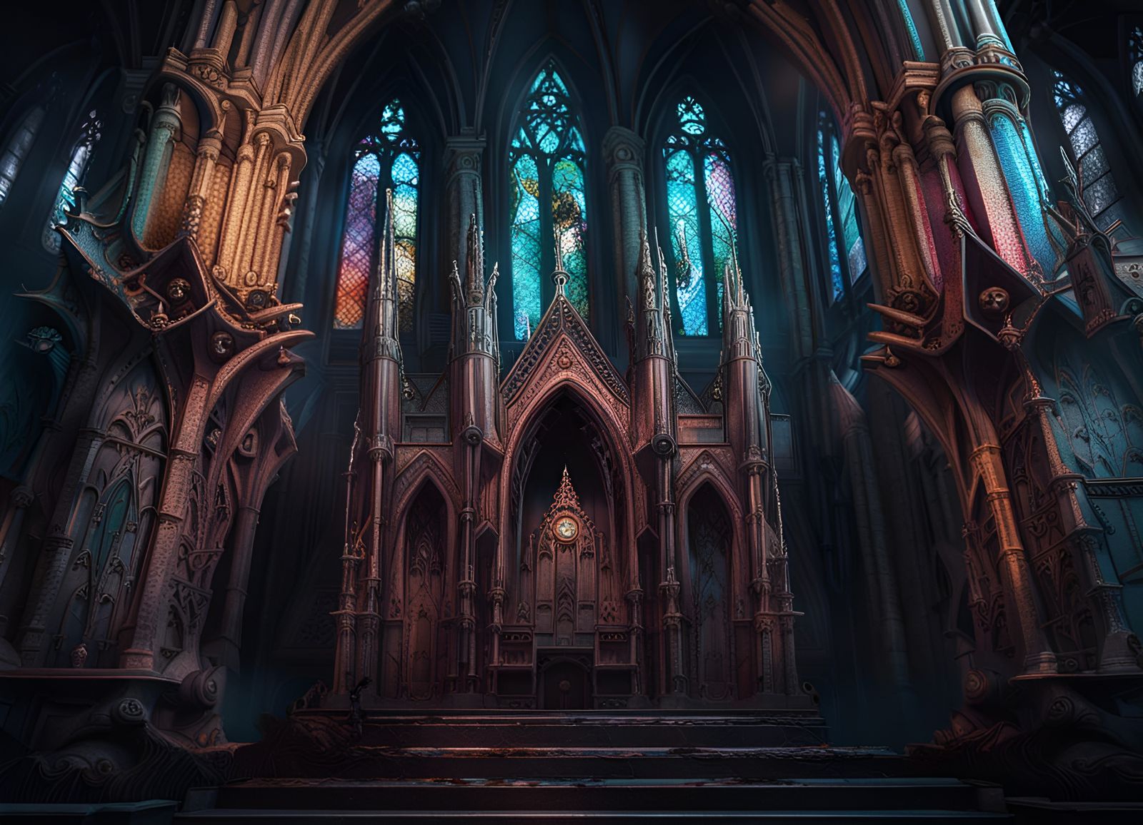 A eerie gothic church with bas-reliefs of monsters on the pi...