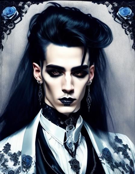 <lora:Goth fashion 2:1.0> Extremely detailed portrait of a face of a goth man in a blue lace clothes in a gothic black interior, detailed in...