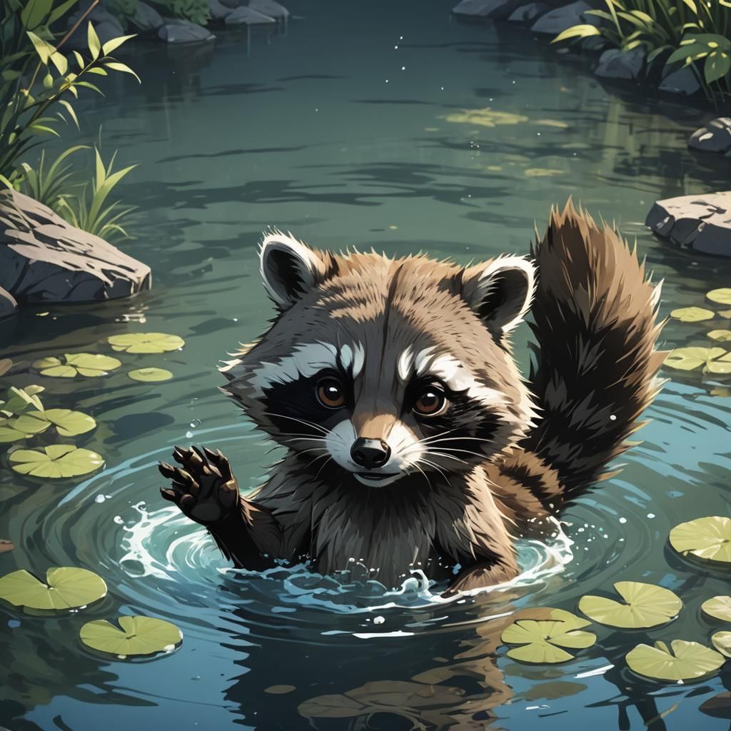 Fluffy raccoon reaching it's paw down into water for fish to...