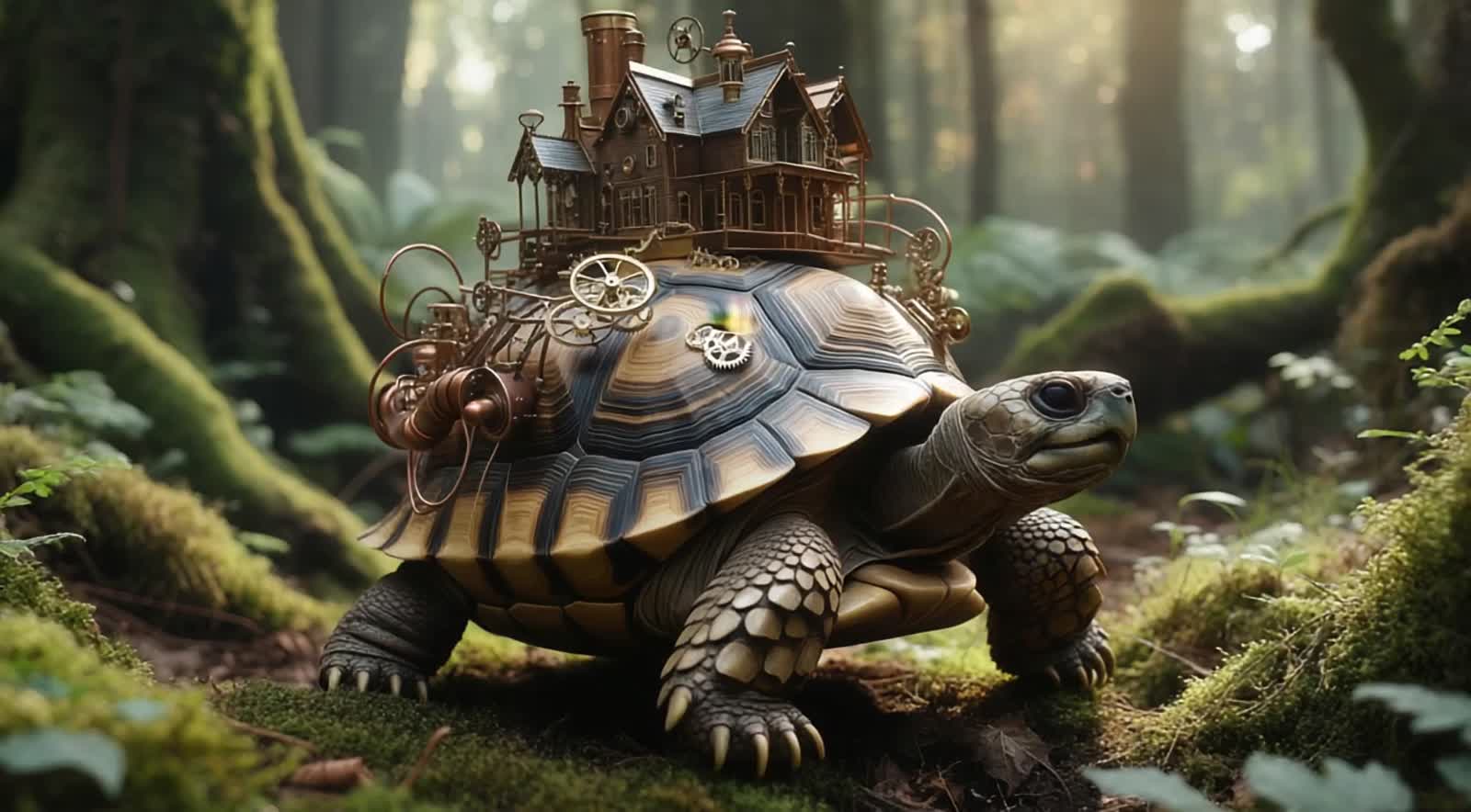 A steampunk tortoise with intricate brass gears and copper tubing, carrying a miniature Victorian city on its back, slow...