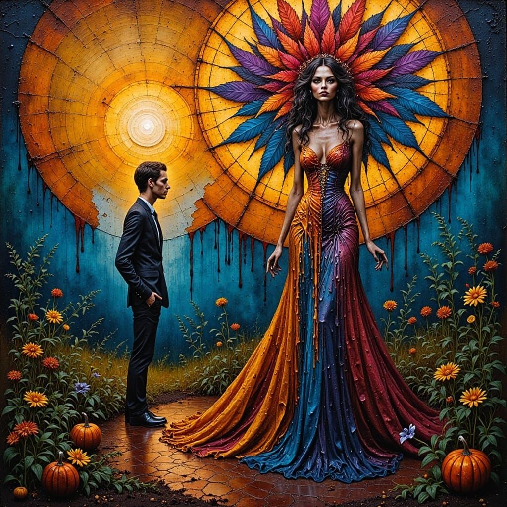 3d stained glass crinkled metalics of [A solemn man with a weathered, introspective expression stands in a dull, grayscale world, surrounded...