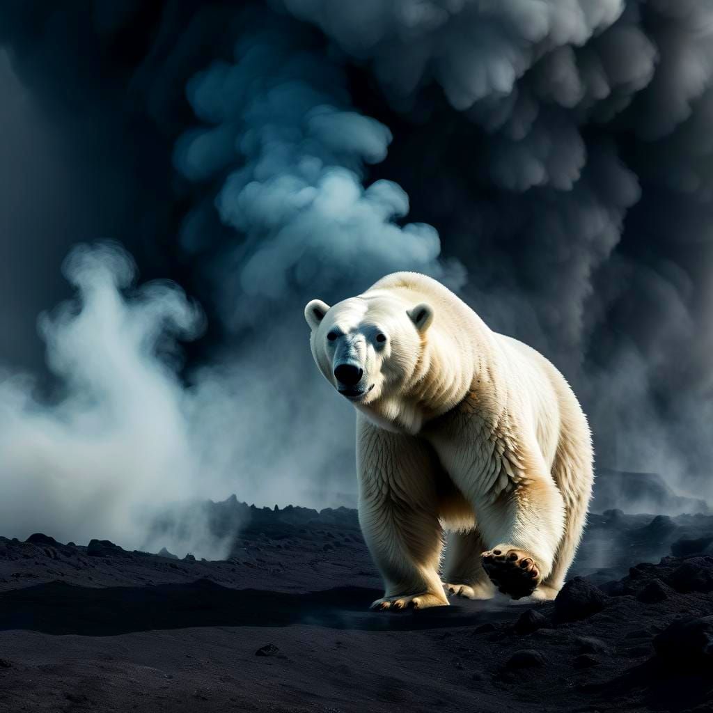 Hyper-realistic photograph of a polar bear walking inside the black crater of a volcano, surrounded by a few chimneys of smoke rising from t...