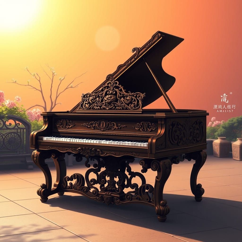 Surreal Piano Sanctuary in Enchanting Anime Key Visual Style