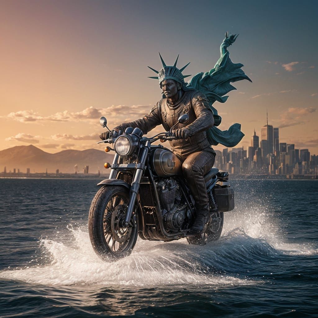 The Statue of Liberty rideing a motorcycle on the Hudson river