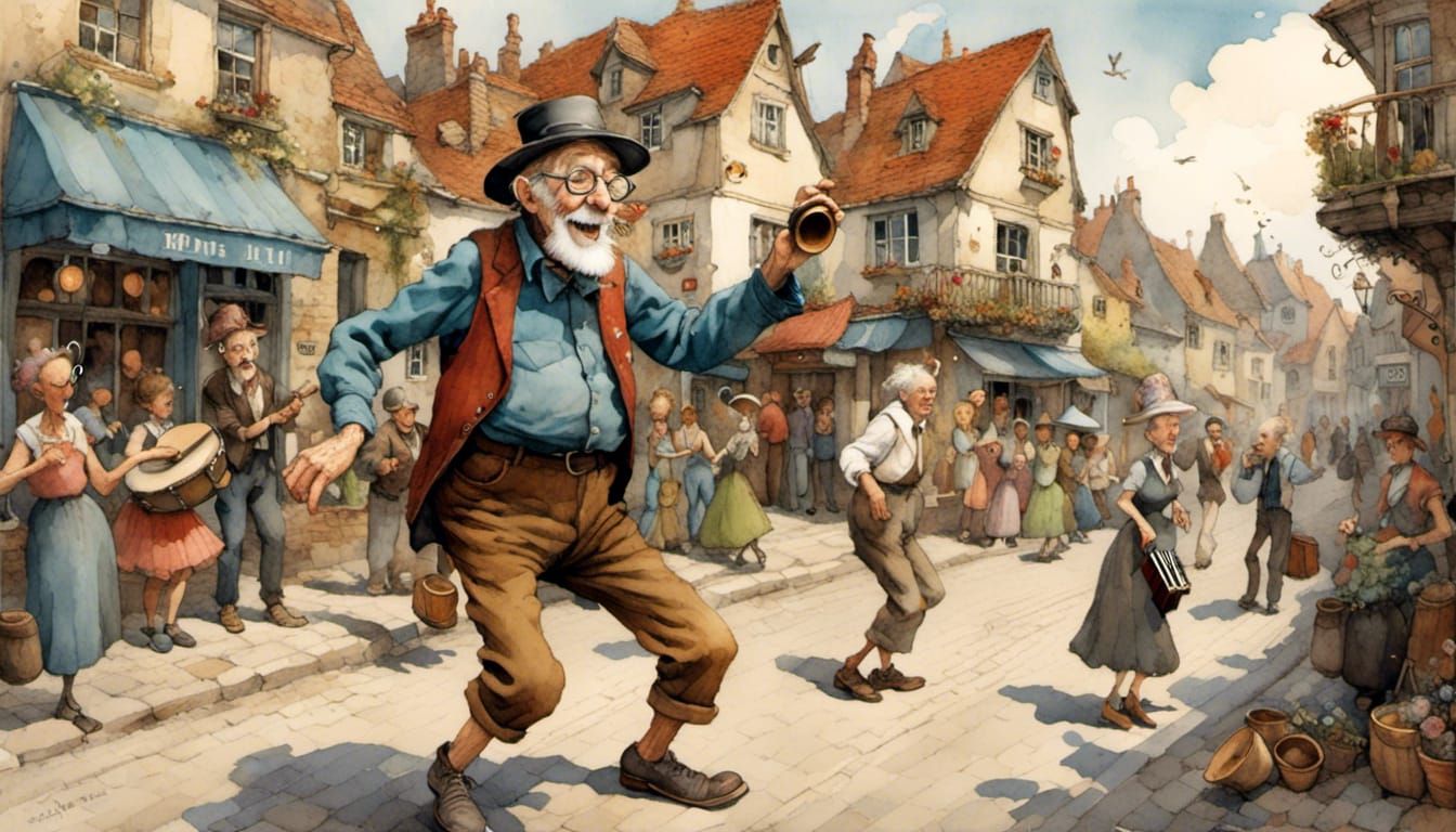 <lora:Eccentric_1:1.0> Grandpa dancing d through town with a tambourine and a harmonica