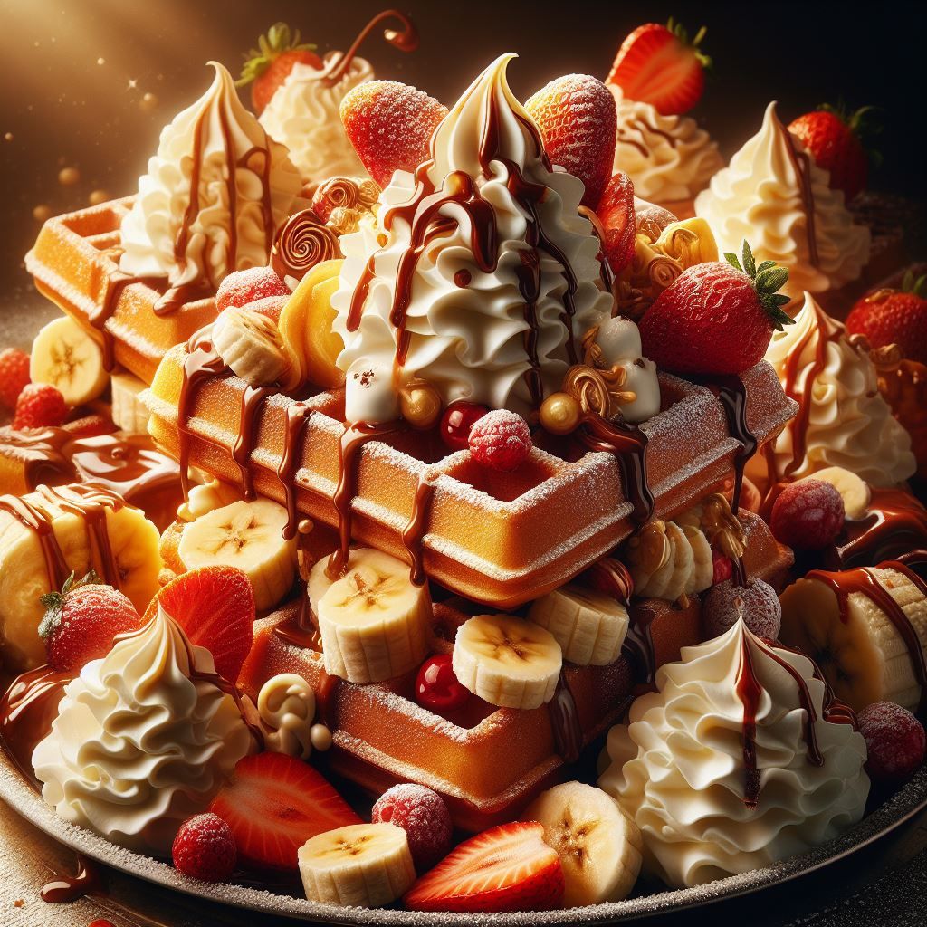 Belgian waffles topped with whipped cream