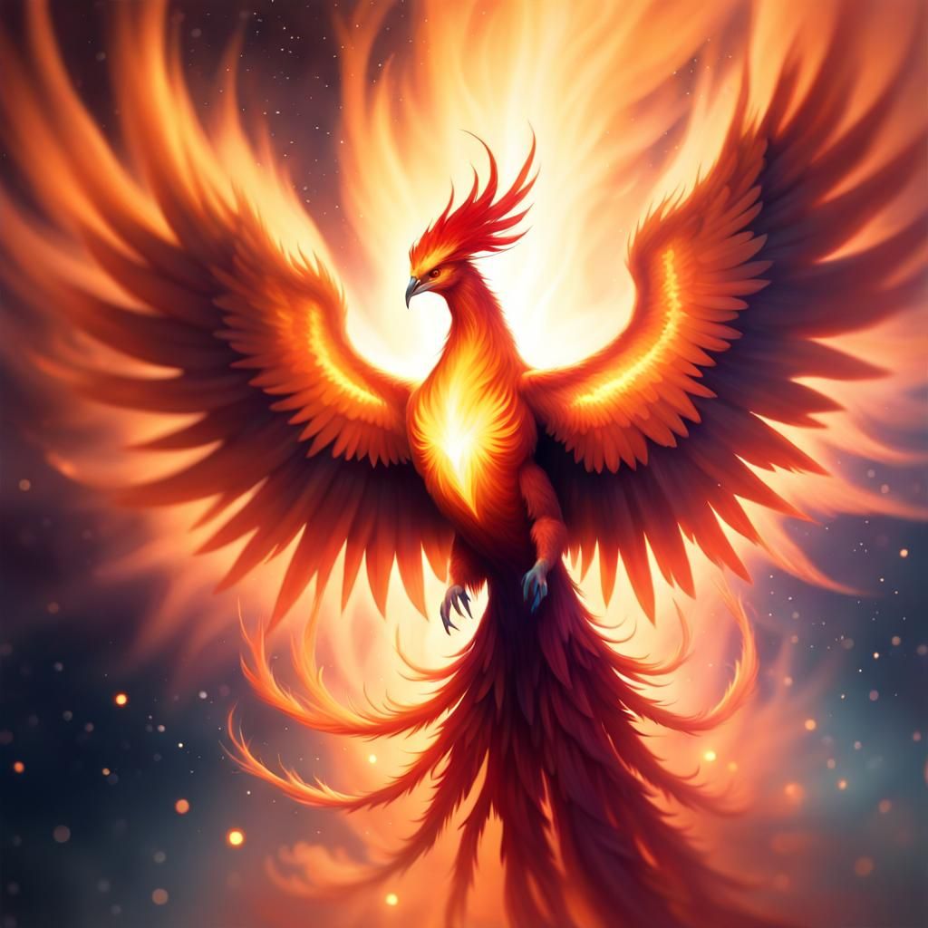 A Stellar Phoenix, its wings shimmering with cosmic fire, piercing through a thick atmospheric