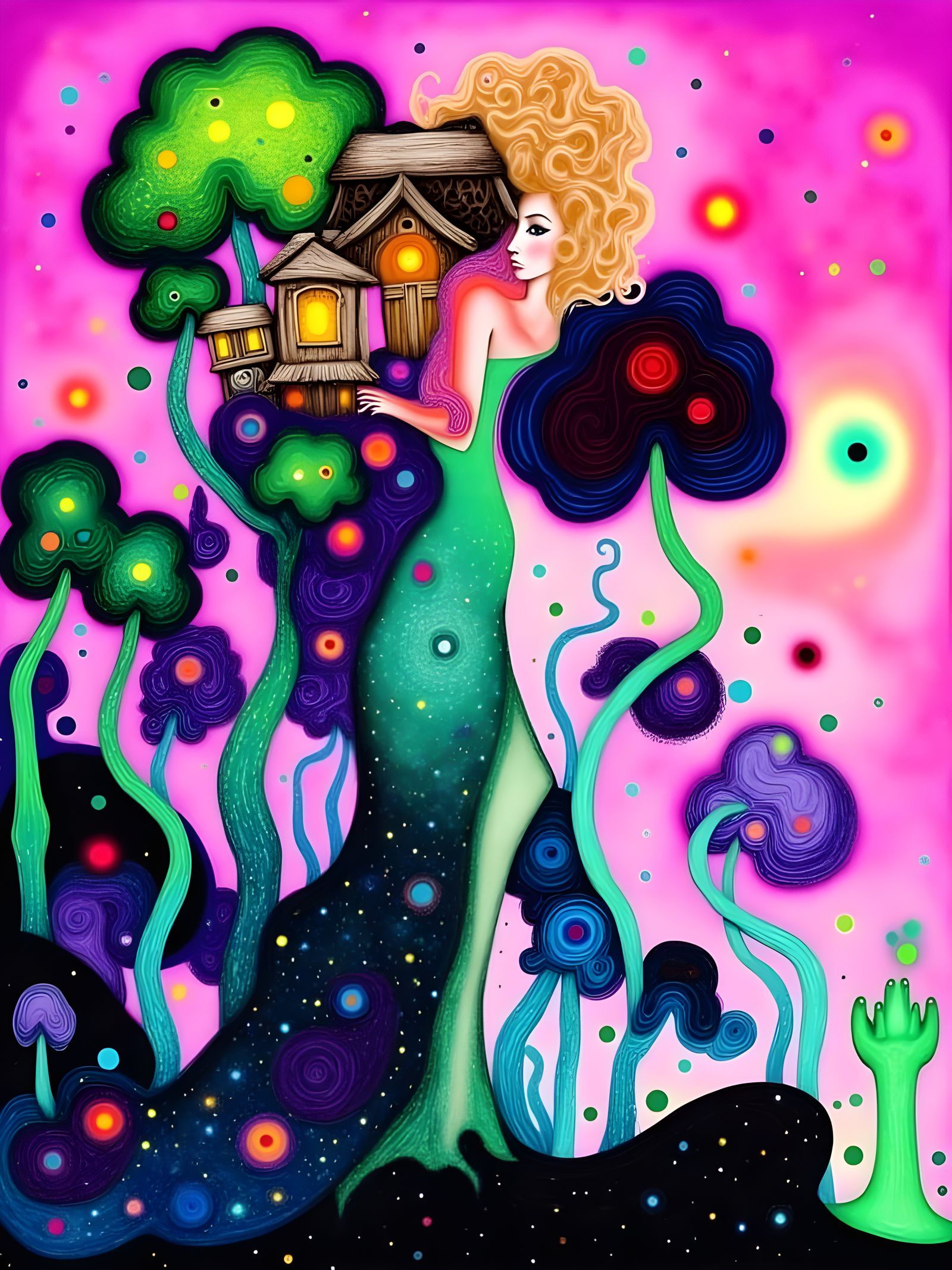 <lora:BeautyofCollageFlux:1.0> Woman with a house on her head, fantasy fairytale