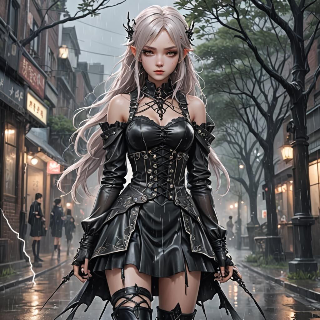 (Lora : Airbrush) lightning and rain goth fairy, black highl...