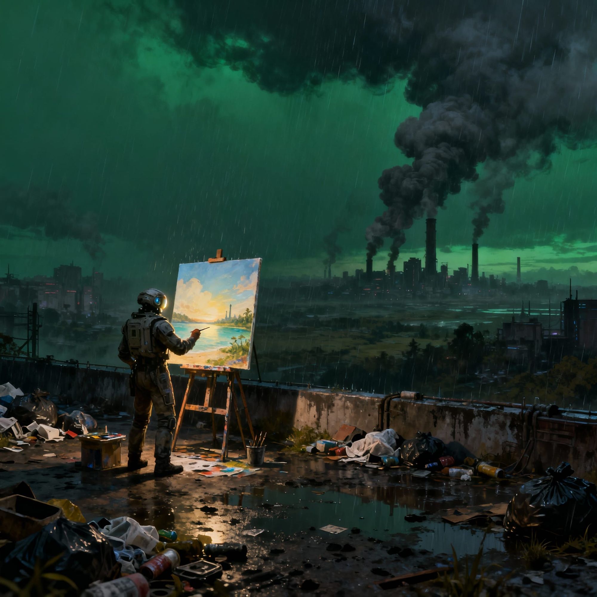 In a dystopian and dark future a sci-fi painter stands and overlook the landscape, he's painting a painting. The landscape has heavy rain, d...