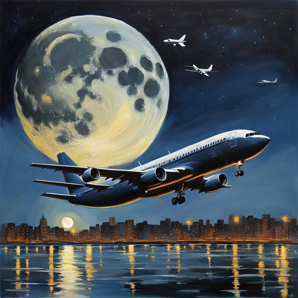 moon, aeroplane , night ,hyper realisme