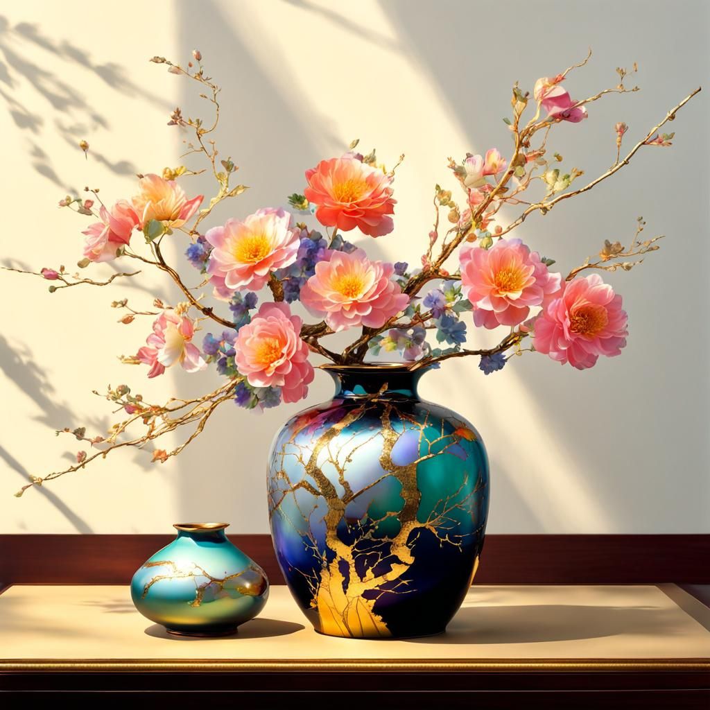 Ikebana in Kintsugi Vase: Sumi-e Still Life