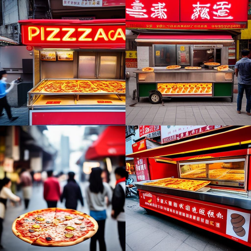 A pizza concession on a busy street in China