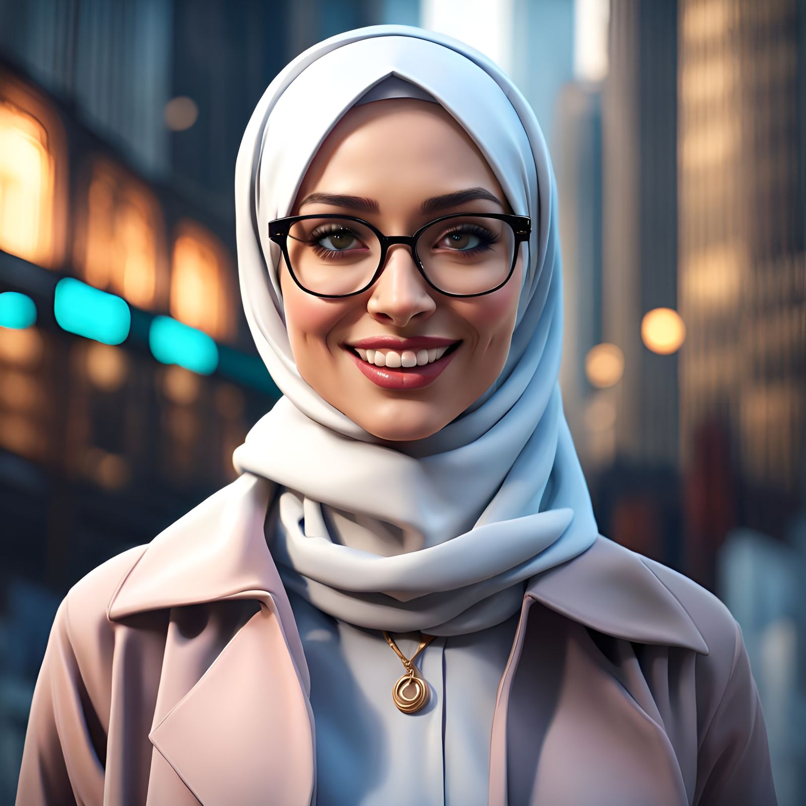Beautiful Hijab Woman Smiling in City, Digital Art