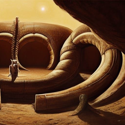 an oil painting of a Giant Sandworm combined with an ancient...