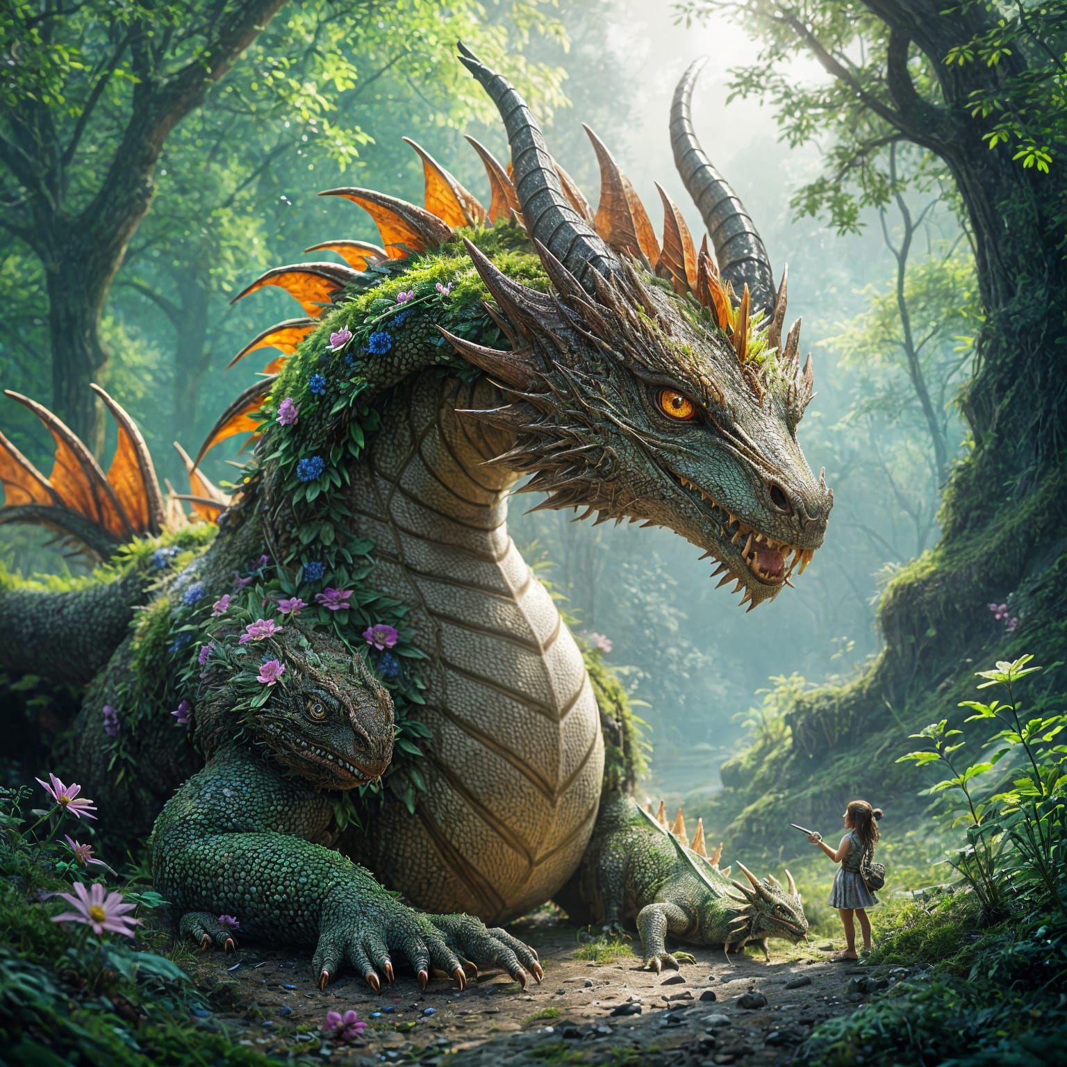 Digital painting. A mesmerizing realistic dragon covered in soft moss, leaves flowers behind for villagers. ...  by @Paul Snipes