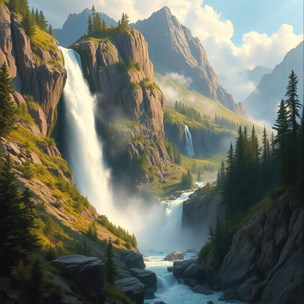 magnificent painting of a mountain waterfall, pristine landscape, lush greenery, alpine, beautiful, award-winning painting, deep colors, ric...