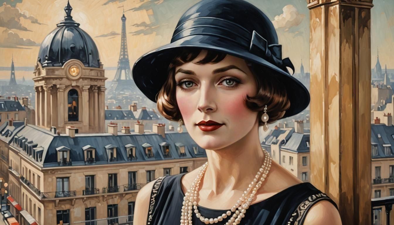 Vintage girl with black hair and hat, art deco style, whith the city of Paris and the typical bars.in the background, design, highly detaile...