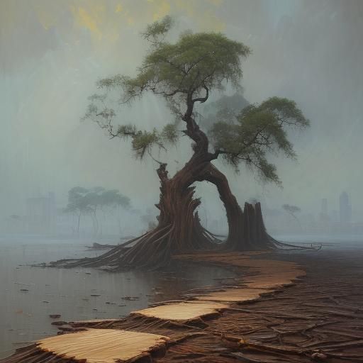 Ancient Wood Piles in Neo-Impressionist Style