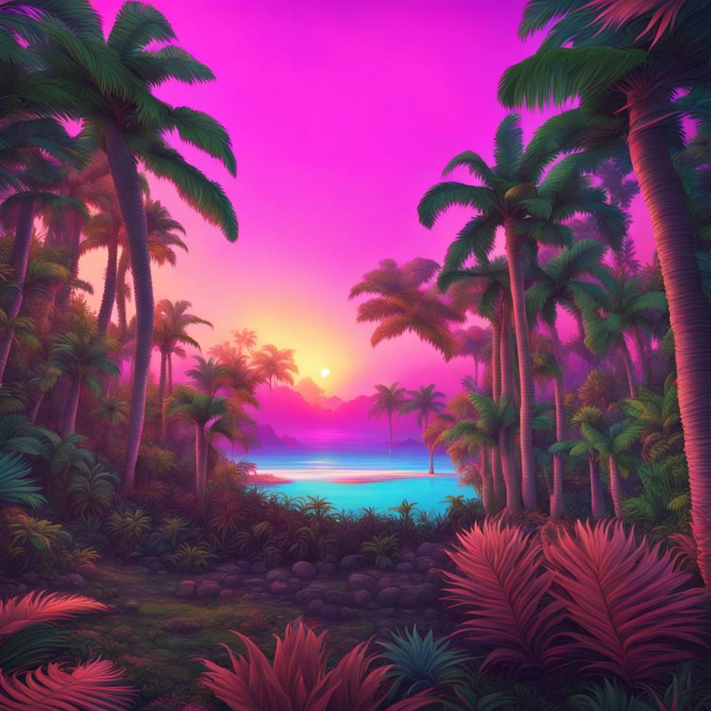 VAPORWAVE TROPICAL JUNGLE  AT SUNSET ON NEPTUNIAN  NEVERLAND...