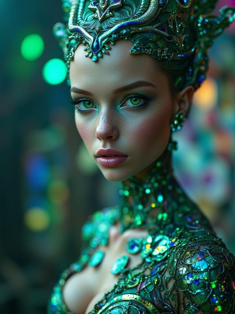 <lora:Double Photoreal v2:1.0> Alien portrait of a female alien with scales and beautiful features, shiny scales, flat nose, big eyes, small...