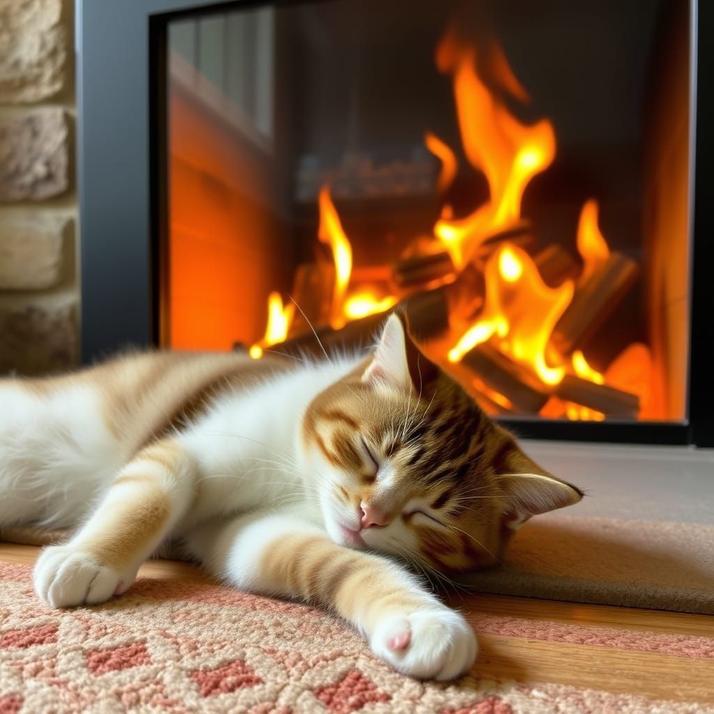 Cat sleeping in front of the fireplace  by @Merumeru Meru