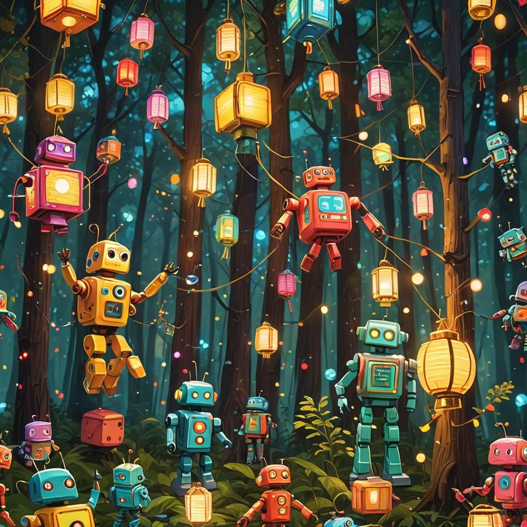 Robots' Birthday Party in a Forest, as Digital Art